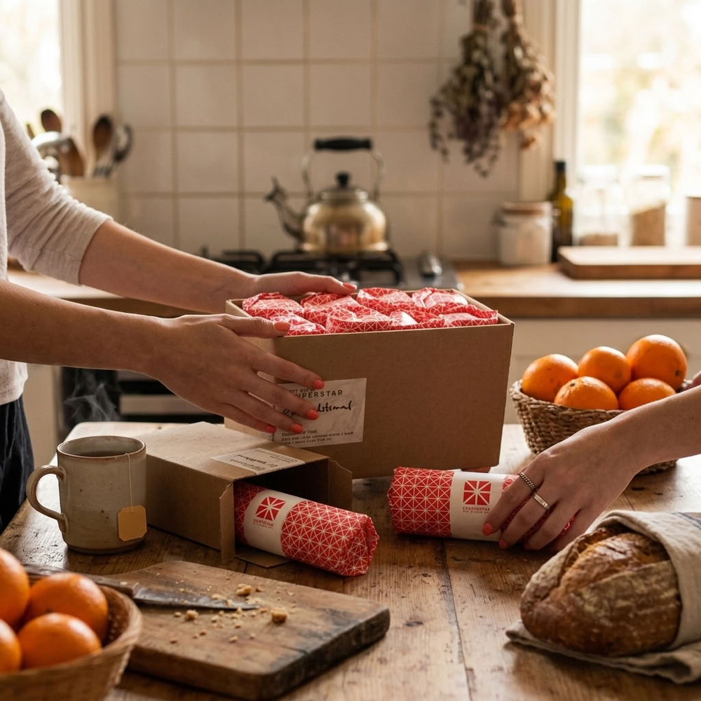 Unpacking boxes of Souperstar popiah rolls in a home kitchen