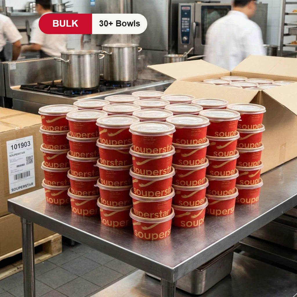 Bulk order of 30 or more Souperstar soup bowls ready for delivery