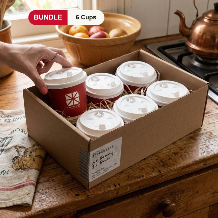 Six cups of Souperstar soup packed in a delivery box