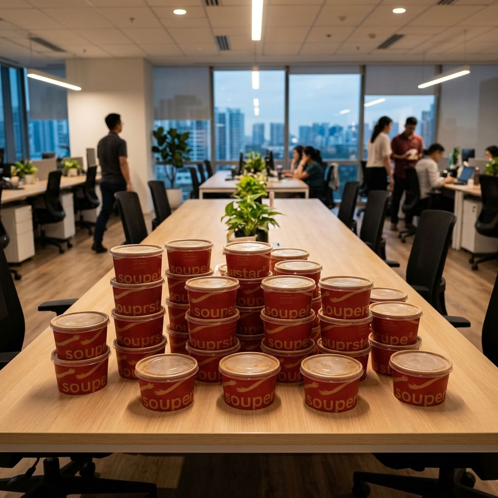 Bulk order of Souperstar soup bowls on an office table