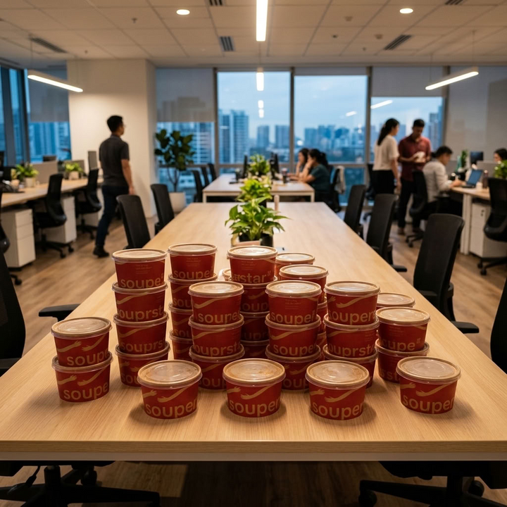Bulk order of Souperstar soup bowls on an office table