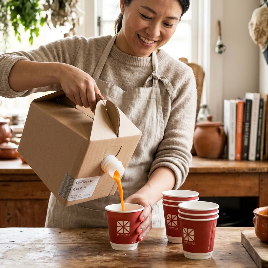 Pouring soup from the 3-litre Jumbo Soup Pack into serving cups