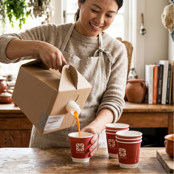 Pouring soup from the 3-litre Jumbo Soup Pack into serving cups