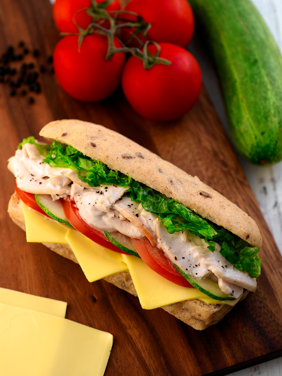 Souperstar Caesar Chicken Sandwich on toasted focaccia